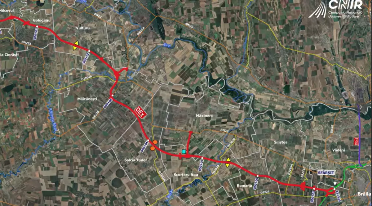 Harta proiectată de CNIR (Compania Națională de Investiții Rutiere) care ilustrează traseul complet al drumului expres Focșani-Brăila. Vizualul este de tip satelit, suprapus cu marcaje grafice de culoare roșie pentru a evidenția axul drumului.