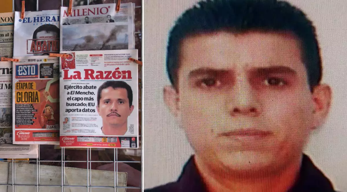 Imaginea prezintă un colaj format din două părți: în stânga, mai multe ziare mexicane afișate pe un suport metalic anunță pe prima pagină capturarea sau neutralizarea lui El mencho, iar în dreapta apare un portret al lui Juan Carlos Valencia González, noul lider al cartelului Jalisco.