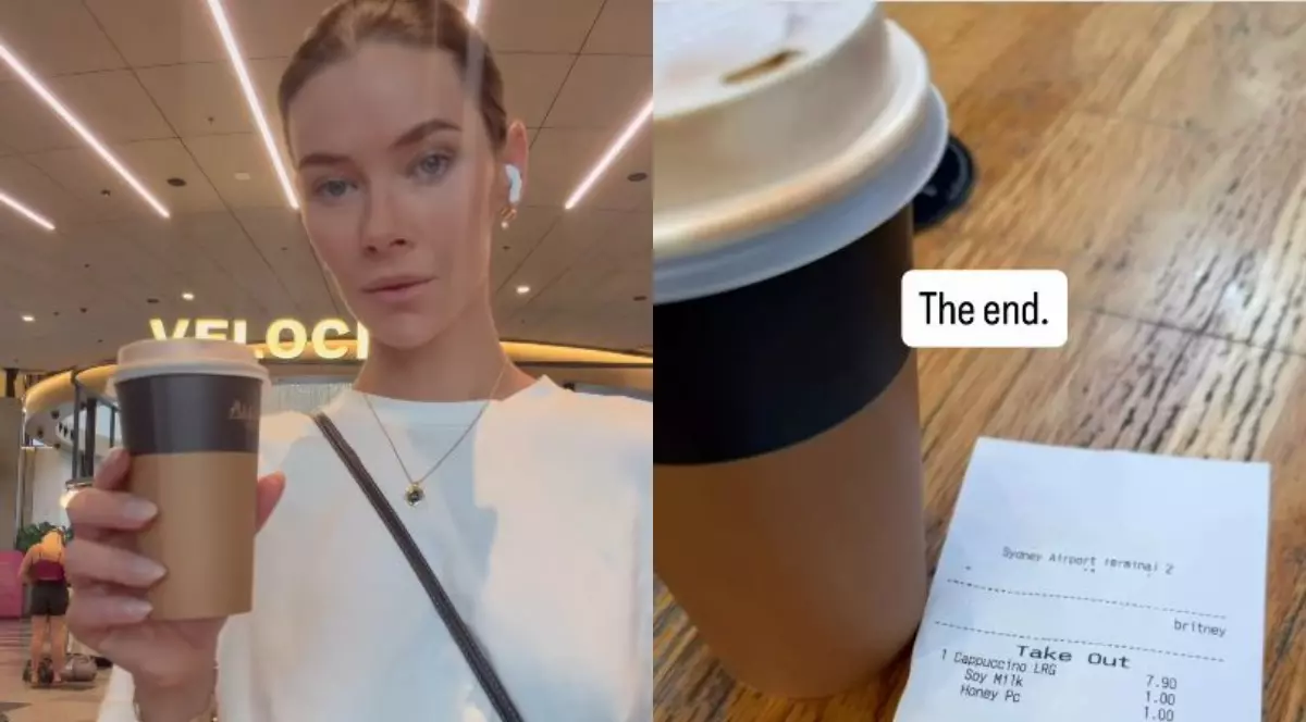 Un colaj din două fotografii: în poza din stânga apare o femeie șatenă, îmbrăcată în alb, care ține un pahar de cafea în mână, iar în fotografia din dreapta apare paharul de cafea pus pe o masă, cu bonul lângă