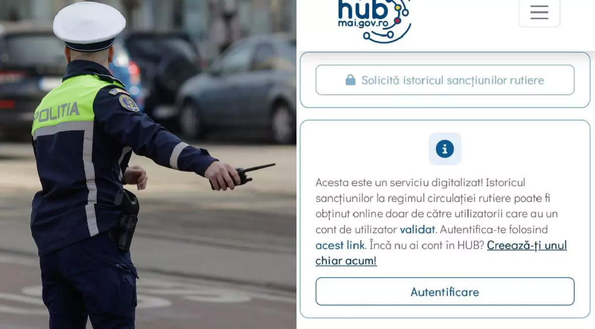 Imaginea este un colaj format din două fotografii. În partea stângă: Un polițist de la circulație dirijează traficul într-o zonă urbană, ținând în mână o stație de emisie-recepție. În partea dreaptă: O captură de ecran a portalului hub.mai.gov.ro. Textul indică posibilitatea de a solicita online istoricul sancțiunilor rutiere.