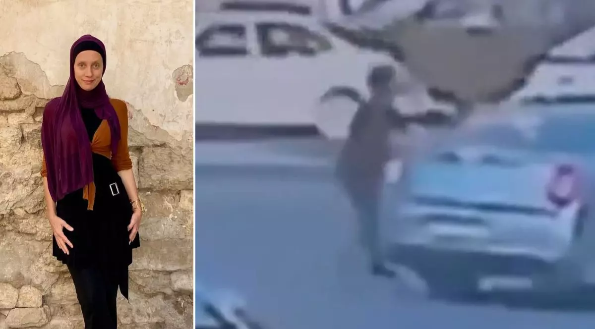 colaj foto format din două imagini: imaginea din stâmga o arată pe jurnalista americană Shelly Kittleson, îmbrăcată într-o rochie lungă maro, cu o eșarfă care îi acoperă părul iar imaginea din dreapta arata o mașină gri, oprită în trafic, înconjurată de bărbați, în Irak, 31 martie 2026