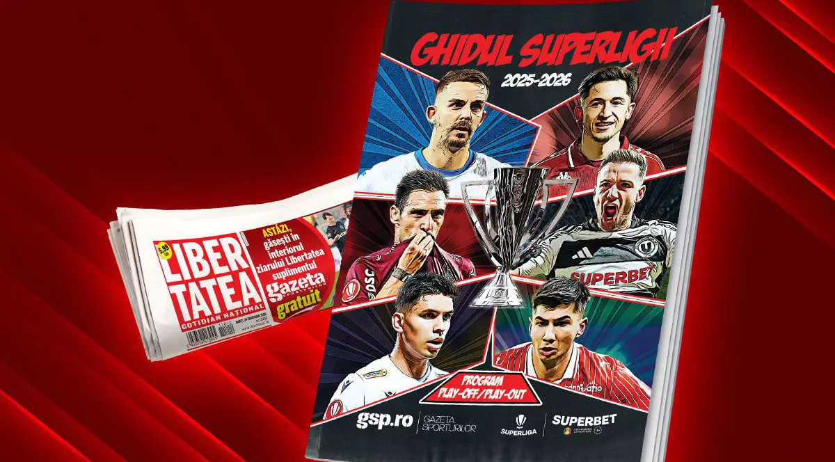Imagine creativă cu ziarul Libertatea împăturit și bannerul cu Ghidul Superligii oferit de GSP, pe fundal roșu cu negru