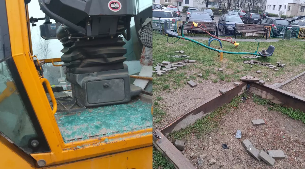 Un colaj cu un utilaj care are geamul spart, iar în partea stângă se vede o alee de pe care au fost scoase pavelele și aruncate