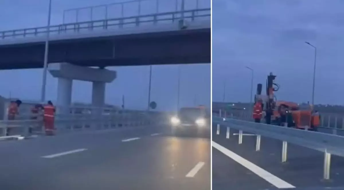 colaj foto format din două imagini: imaginea din stanga arata câșiva muncitori și un utilaj pe partea carosabilă a autostrăzii A7, între Adjud și Bacau, iar imaginea din dreapta arată mai mulți muncitori îmbrăcați în uniforme roșii, lângă un alt utilaj portocaliu, 19 martie 2026