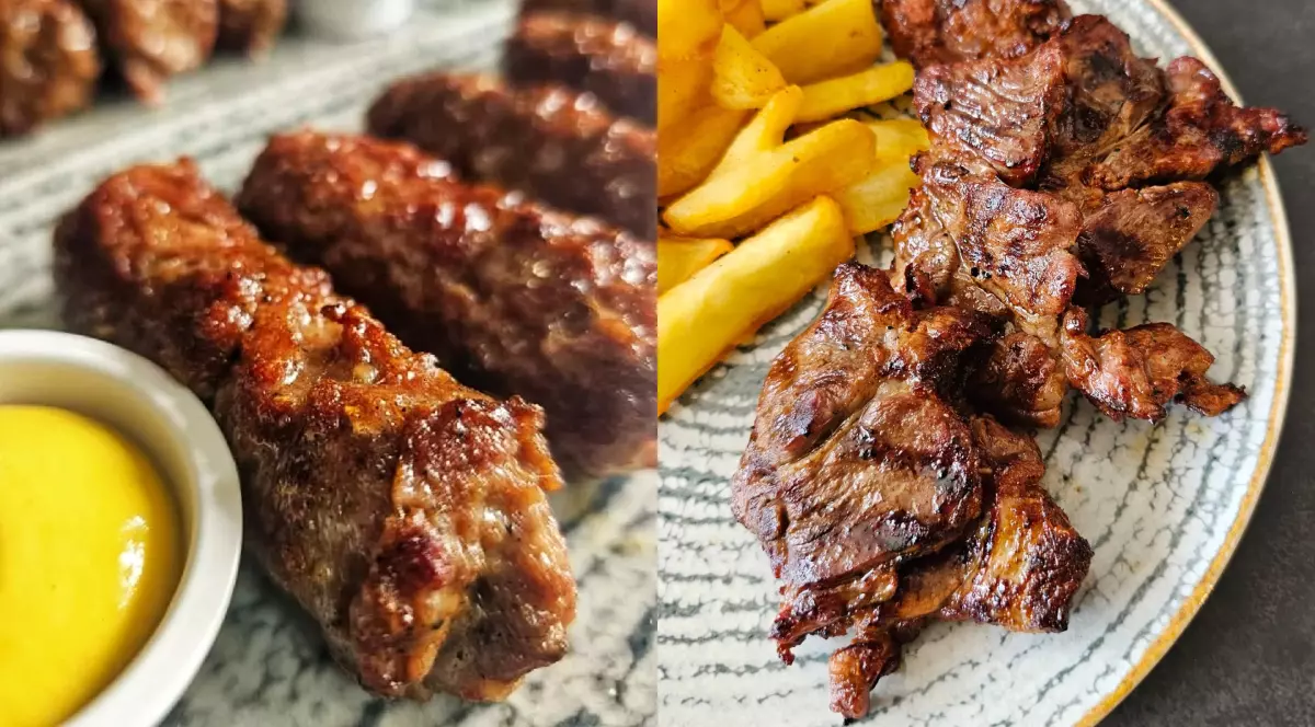 Mici pe un platou și carne de porc pregătită alături de cartofi prăjiți