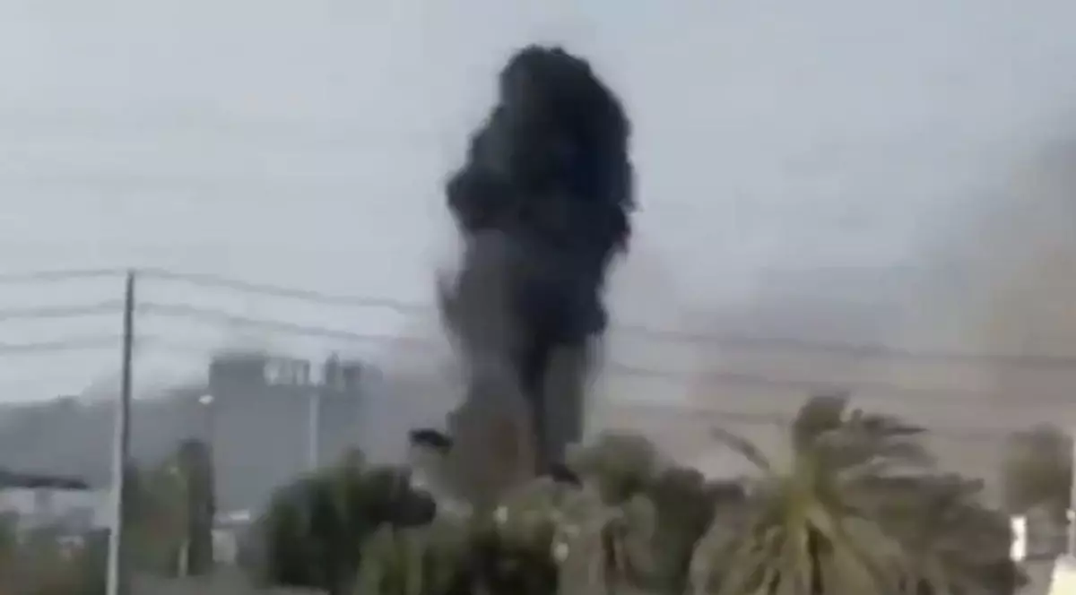 o coloană verticală masivă de fum negru, foarte dens și cu margini neregulate. În partea inferioară a imaginii se observă vegetație verde, inclusiv frunzișul unui palmier în partea dreaptă, iar în spatele coloanei de fum se distinge parțial silueta unei clădiri de culoare deschisă cu inscripții albicioase neclare, Complexul școlar Minab, Iran, 28 februarie 2026