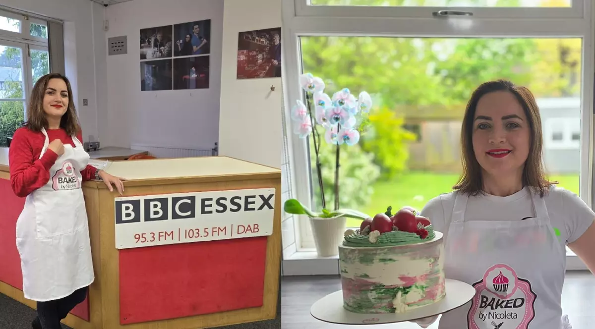 O femeie pozează alături în studiourile BBC Essex/ O femeie cu tricou alb si cu un tort în mână