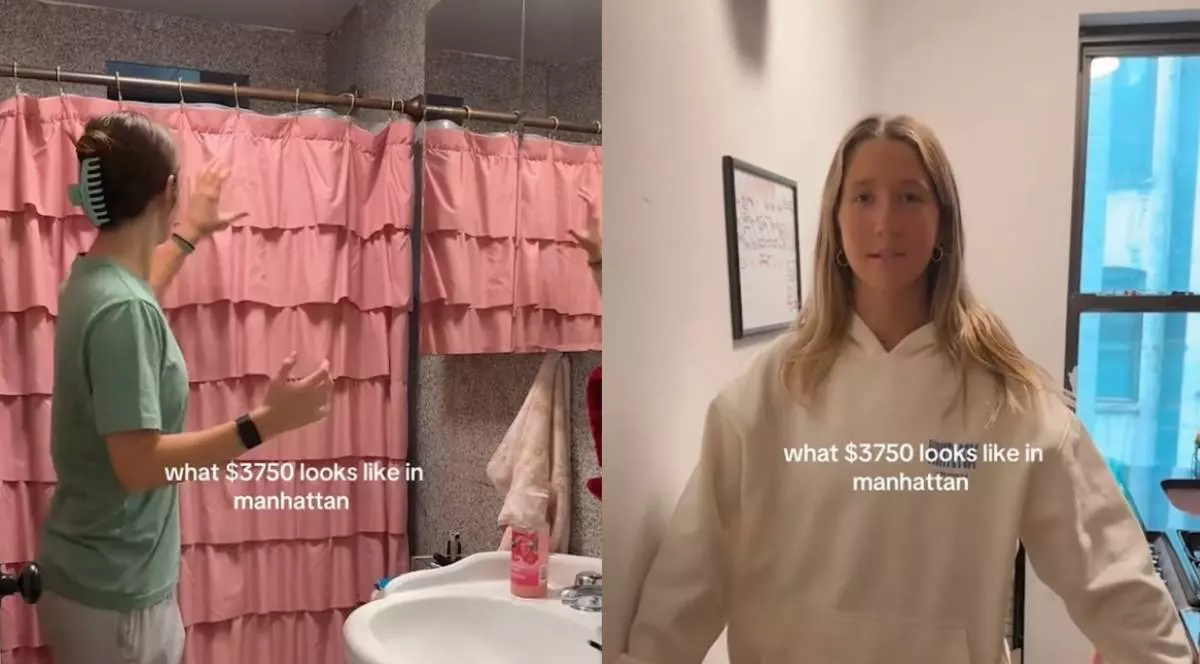 Două imagini alăturate dintr-un apartament mic: în stânga, o baie îngustă cu perdea roz și spațiu limitat; în dreapta, o tânără stă într-o cameră simplă, lângă o fereastră, într-un interior strâmt.