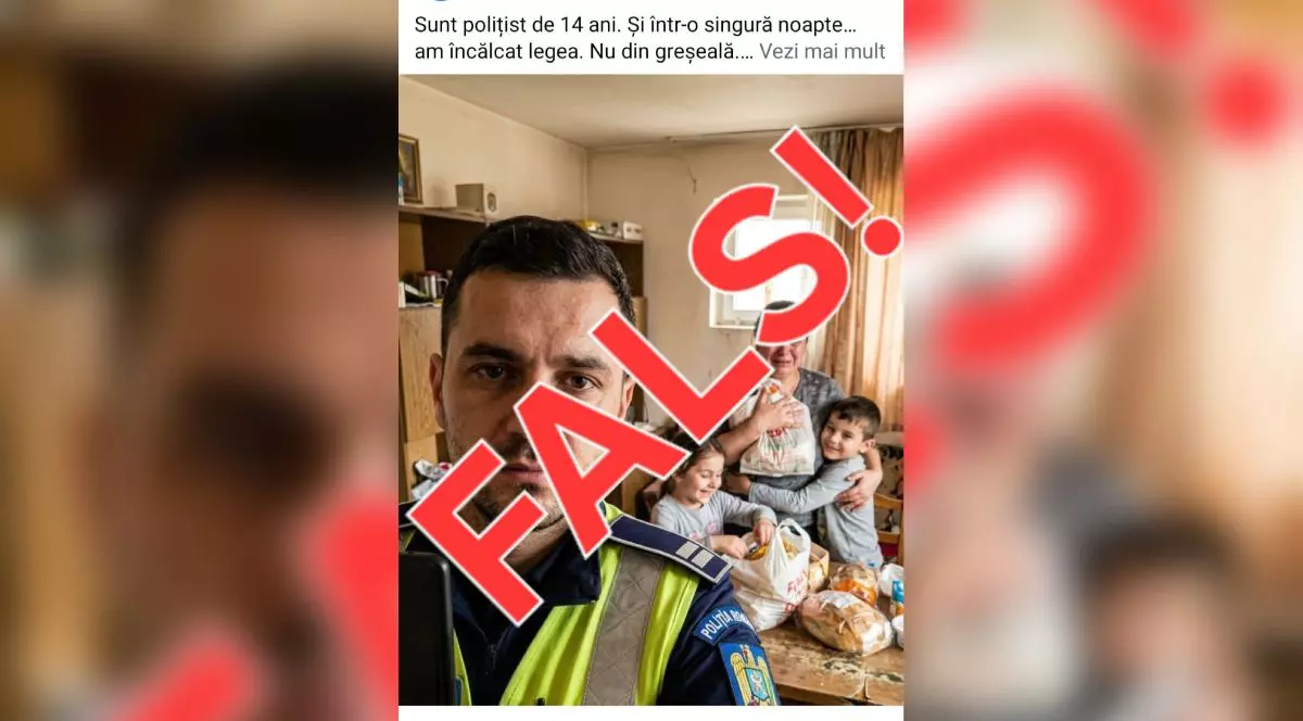 O imagine pe care scrie cu litere mari roșii FALS. În fundal se observă un polițist și o femeie cu doi copii.