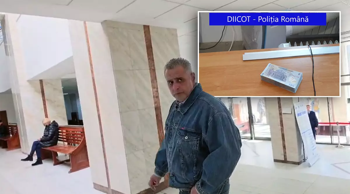 Colaj cu un barbat la tribunal si un teanc de bani
