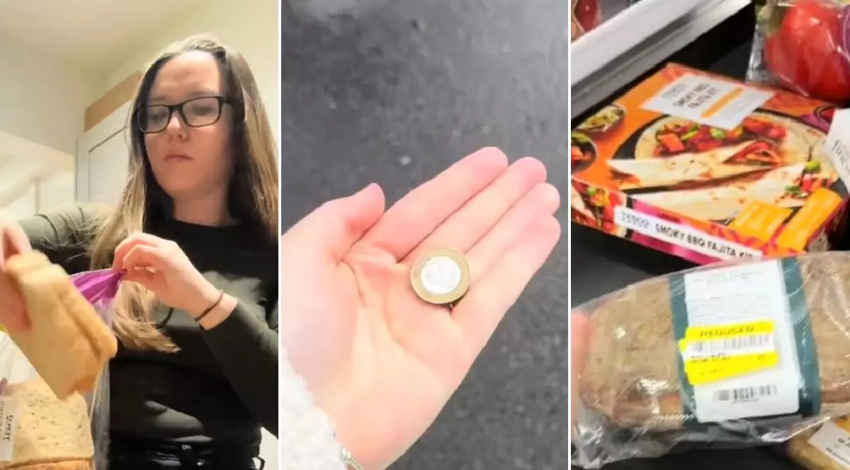 Imaginea este un colaj format din trei cadre. În stânga: O tânără cu ochelari scoate felii de pâine într-o pungă. În centru: O mână care ține o monedă de 1 liră sterlină. În dreapta: Produse alimentare puse pe bandă la un supermarket.