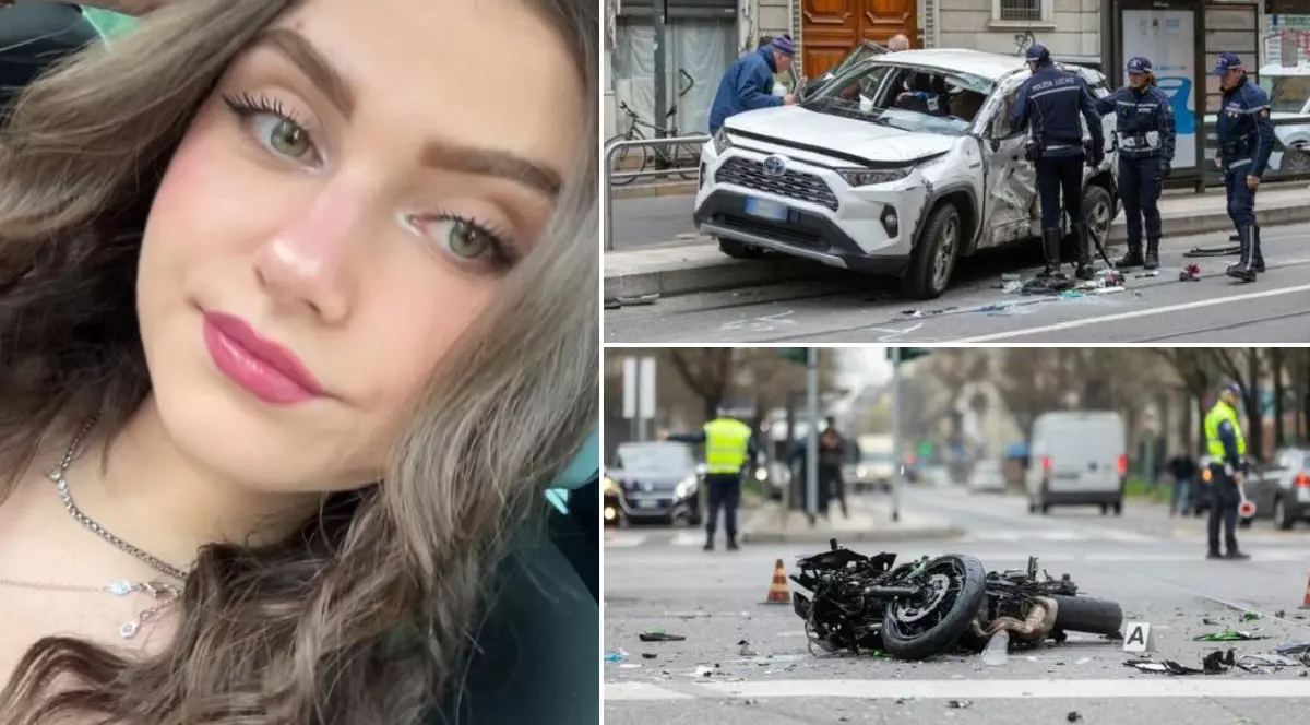 Imaginea este un colaj care prezintă portretul unei tinere alături de două fotografii de la locul unui accident rutier grav, implicând o motocicletă distrusă și un autoturism avariat, sub supravegherea poliției.