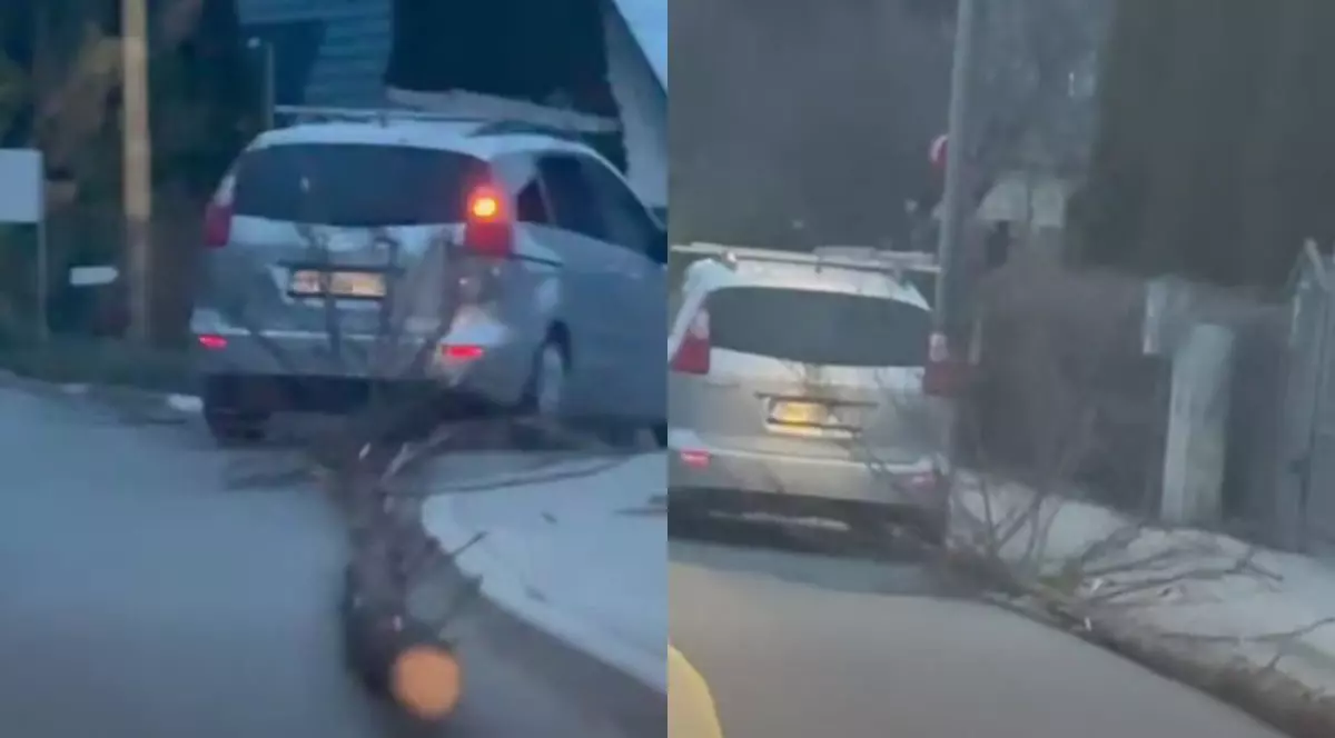 Un șofer a târât pe șosea un trunchi de copac, lung de 16 metri.