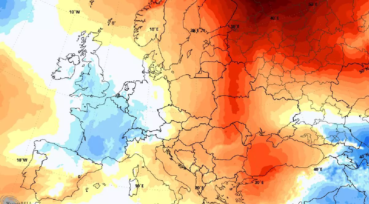 O hartă meteorologică detaliată care arată variațiile de temperatură în Europa.