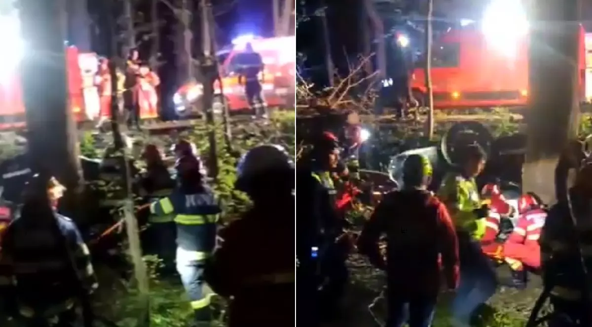 Șoferul unei maşini s-a lovit de un copac şi s-a răsturnat ân pădurea Snagov. La fața locului au intervenit pompierii