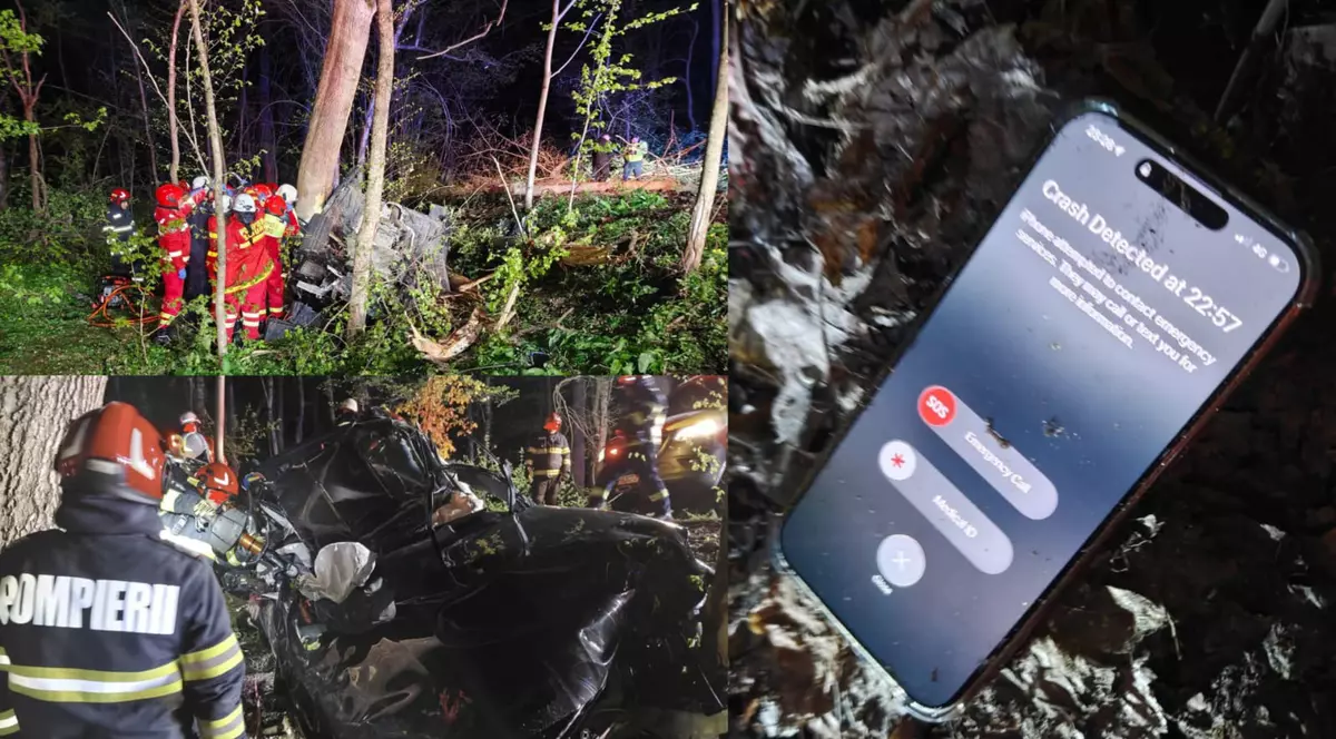 Un colaj format din 3 fotografii: Pompieri prezenti la un accident din Snagov in care o mașină s-a izbit de un copac, un telefon care arată ca a detectat un accident de mașină