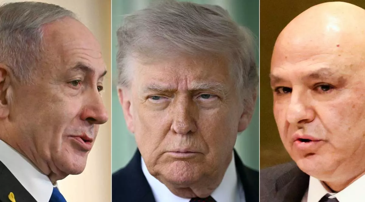 De stânga/dreapta, colaj cu prim-ministrul israelian Benjamin Netanyahu, președintele SUA Donald Trump și președintele libanez Joseph Aoun