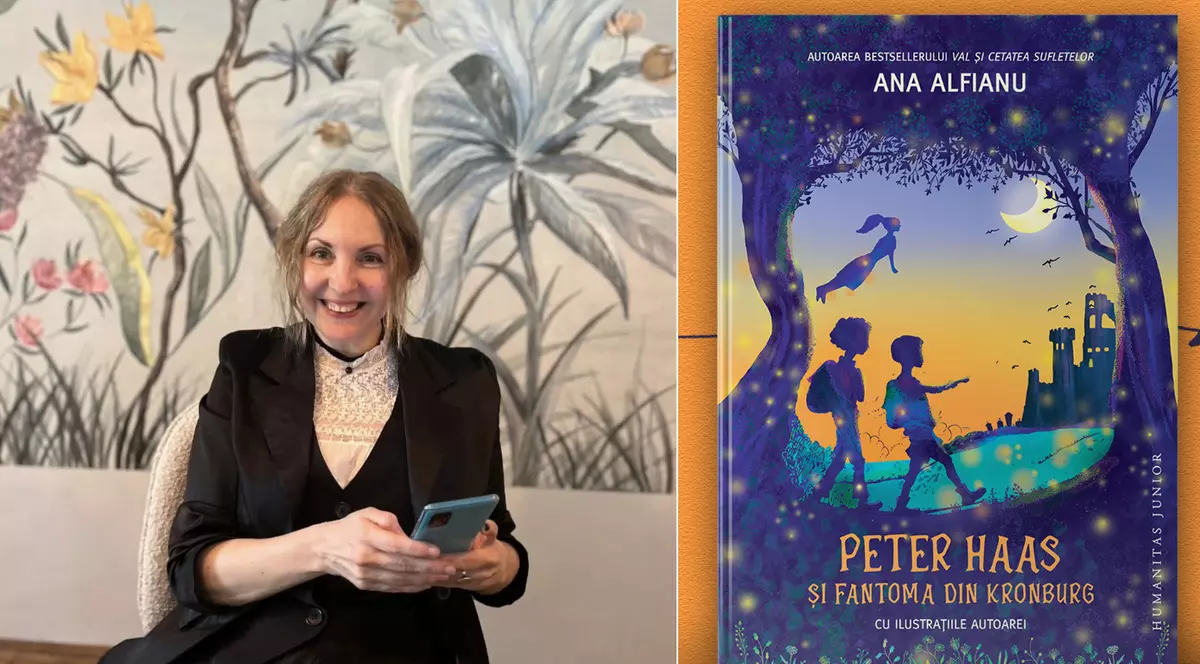 Un colaj cu o scriitoare imbracata in costum negru si un telefon in mana si cartea pe care a scris o, cu o coperta albastra si doi copii