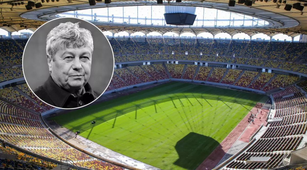 Imagine cu interiorul Arenei Naționale din București, într-o zi de vară, cu o poză cu Mircea Lucescu, alb-negru, într-o fereastră rotundă în partea din stânga-sus