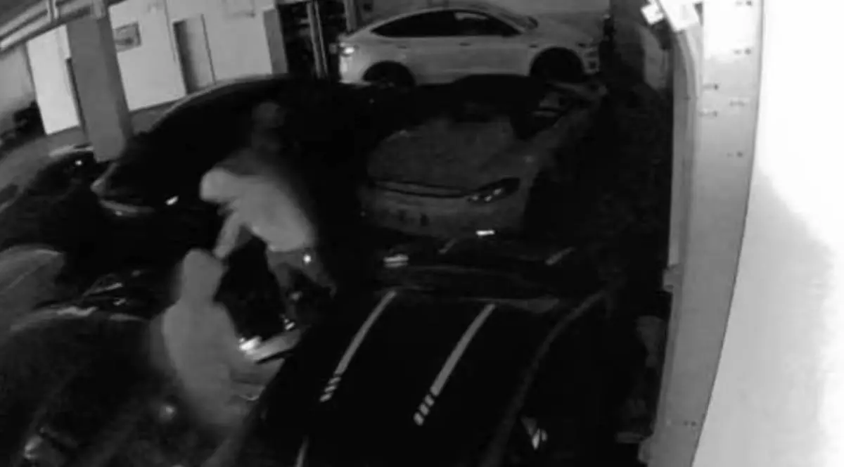 Fotografie alb negru, captura de pe camerele de supraveghere, se vad doi barbati intr-un garaj inconjuratie de mai multe masini