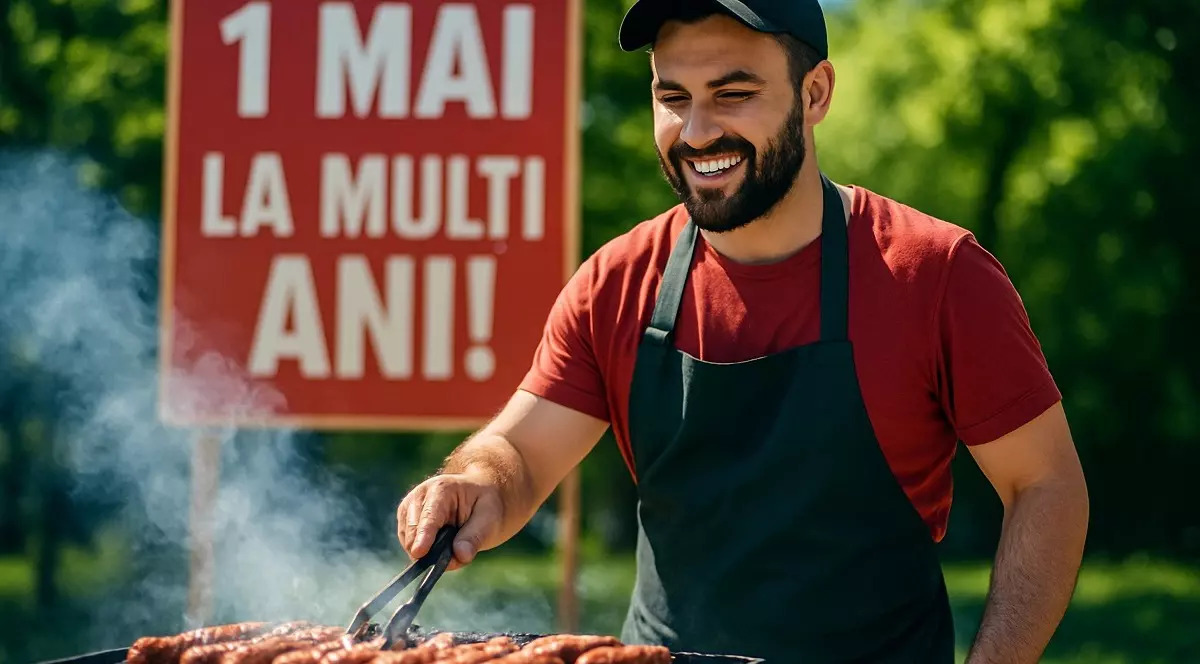 1 Mai, Ziua Muncii - cum a apărut sărbătoarea și ce semnificație are - Imagine cu un bărbat care face mici la grătar, în aer liber, având în spate o pancartă pe care scrie 1 Mai La Mulţi Ani.