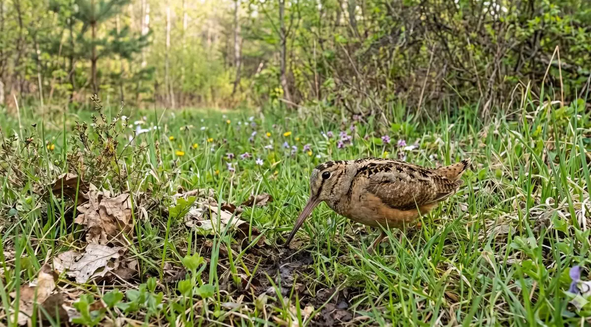 Becațină americană (American Woodcock), într-o pădure, cu ciocul îndreptat spre vegetație