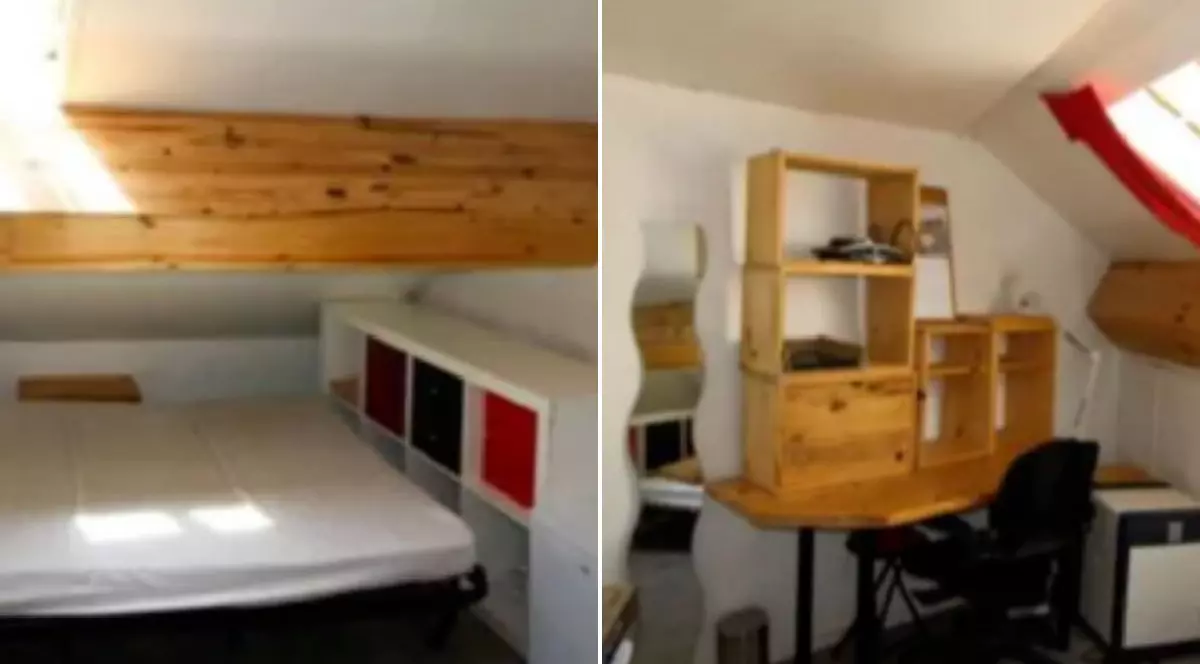 Imaginea este un colaj care prezintă interiorul unei camere amenajate compact, o zonă de dormit cu un pat sub o grindă de lemn și un colț de lucru cu un birou din lemn și rafturi.