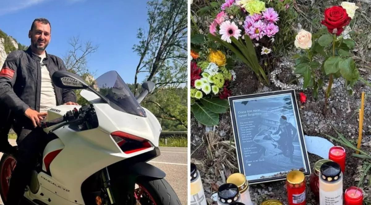 Colaj cu un barbat tanar, in stanga, pe o motocicleta alba, iar in dreapta flori si lumanari . Ciprian a murit pe 25 aprilie 2026 in Germania