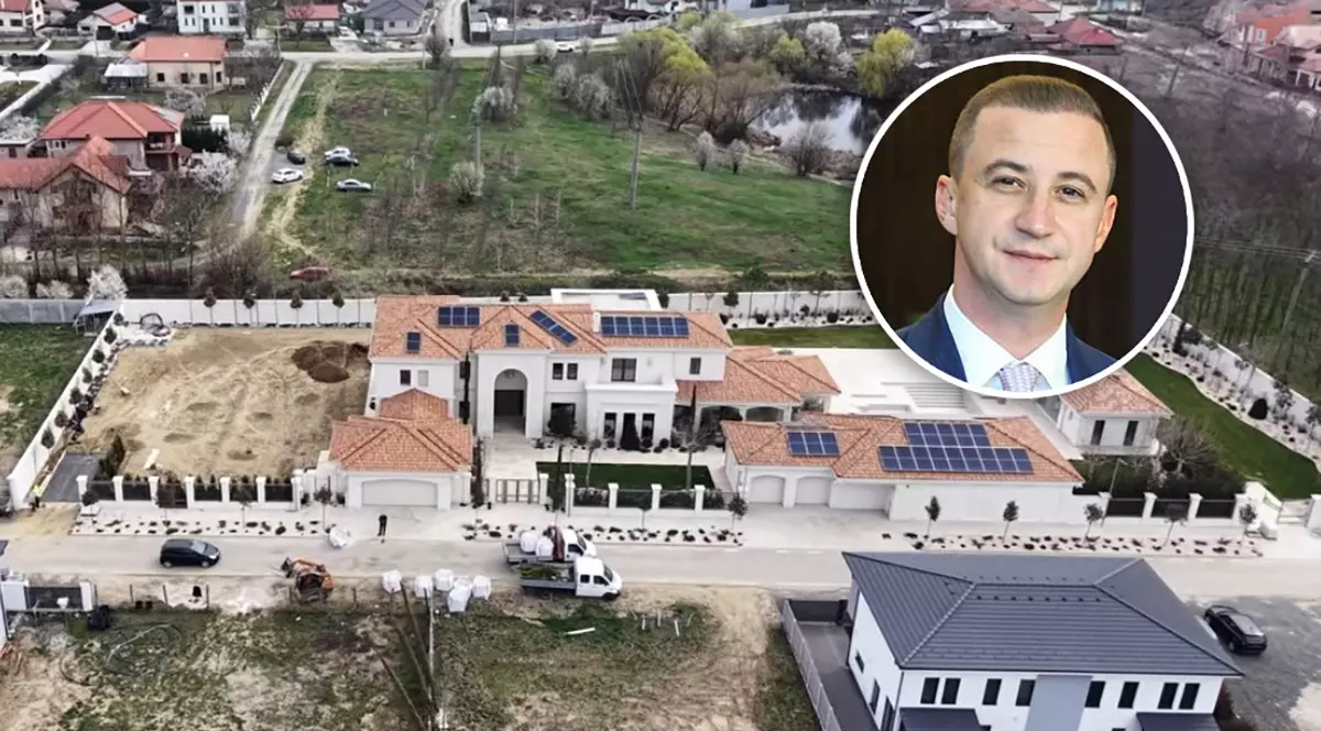 Colaj cu un conac vazut din dronă si capul unui politician