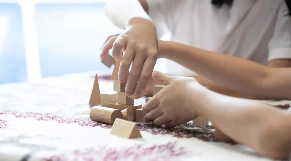 Copiii se joacă cu blocuri de lemn la o masă, într-un mediu casnic calm, susținând creativitatea, învățarea și dezvoltarea timpurie a copiilor. Foto: Profimedia
