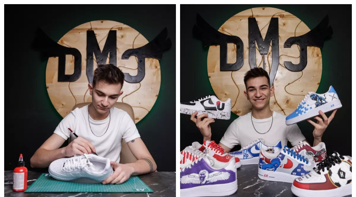 Combo realizat din 2 fotografii. În cea din stânga Dennis pictează, în cea din dreapta arată ghetele pictate.