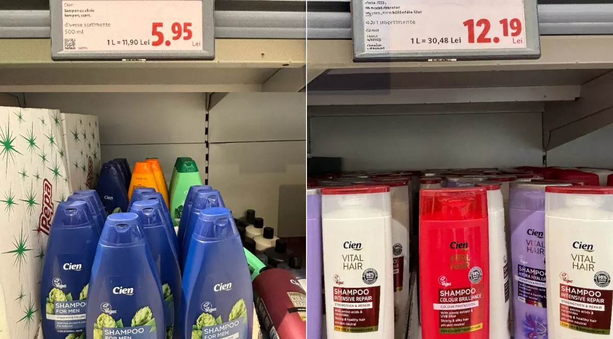 Colaj cu doua poze in care se afla sampoane pe rafturi