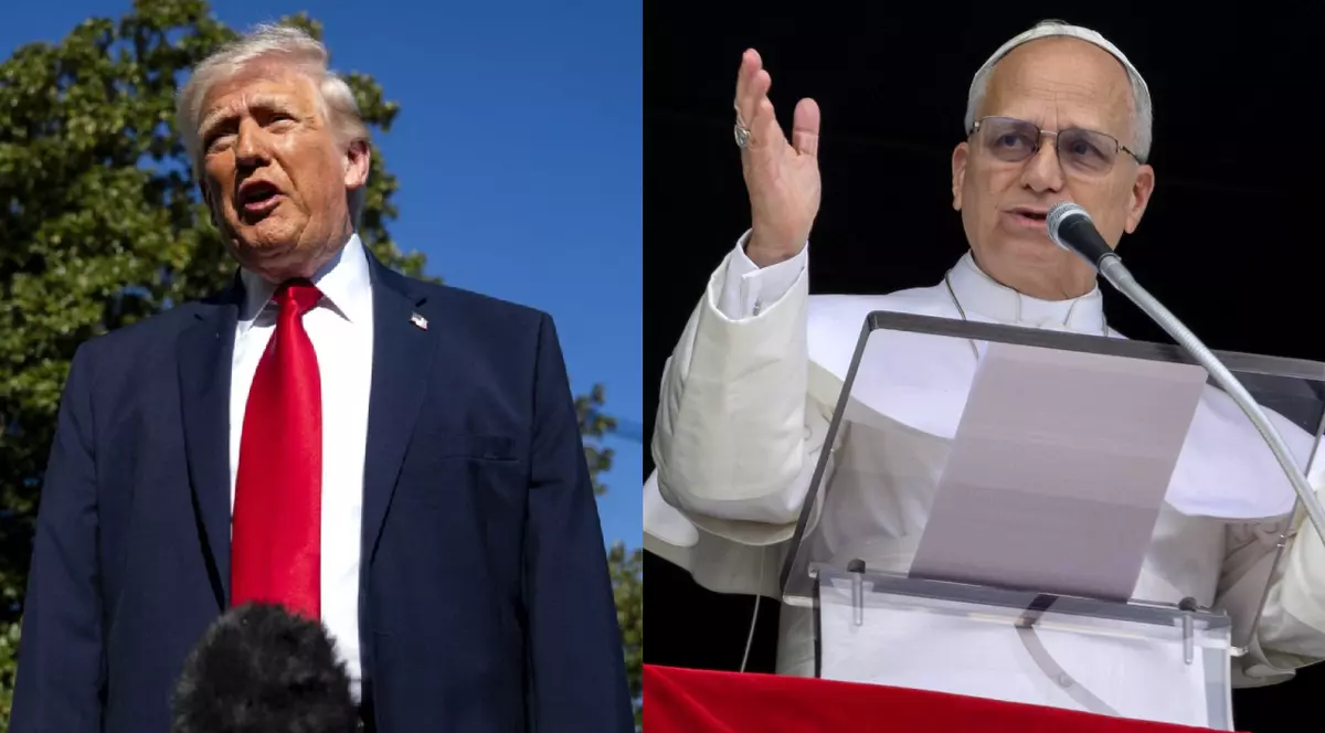 Colaj: Donald Trump in costum bleumarin, camasa alba, cravata rosie// Papa Leon in haine albe, cu mâinile ridicate