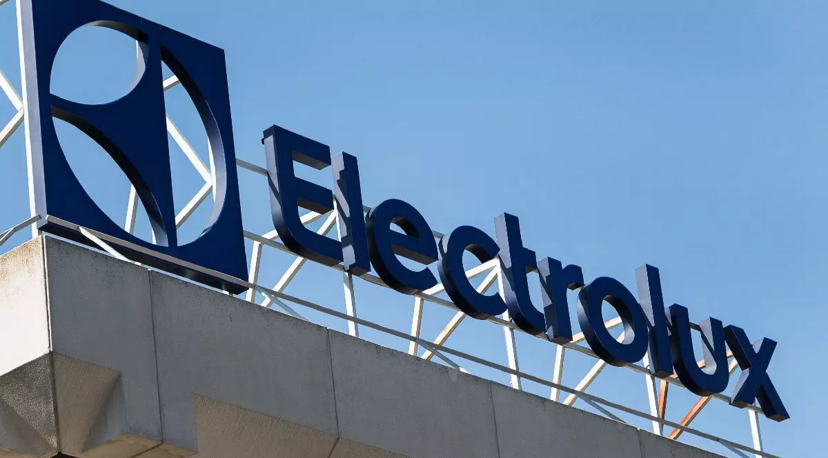 Imaginea prezintă sigla și numele companiei Electrolux, realizate din litere albastre de mari dimensiuni, amplasate pe acoperișul unei clădiri sub un cer senin.