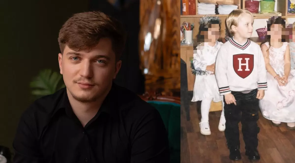 Un tânăr îmbrăcat în negru// un băiețel cu pulover alb la o serbare