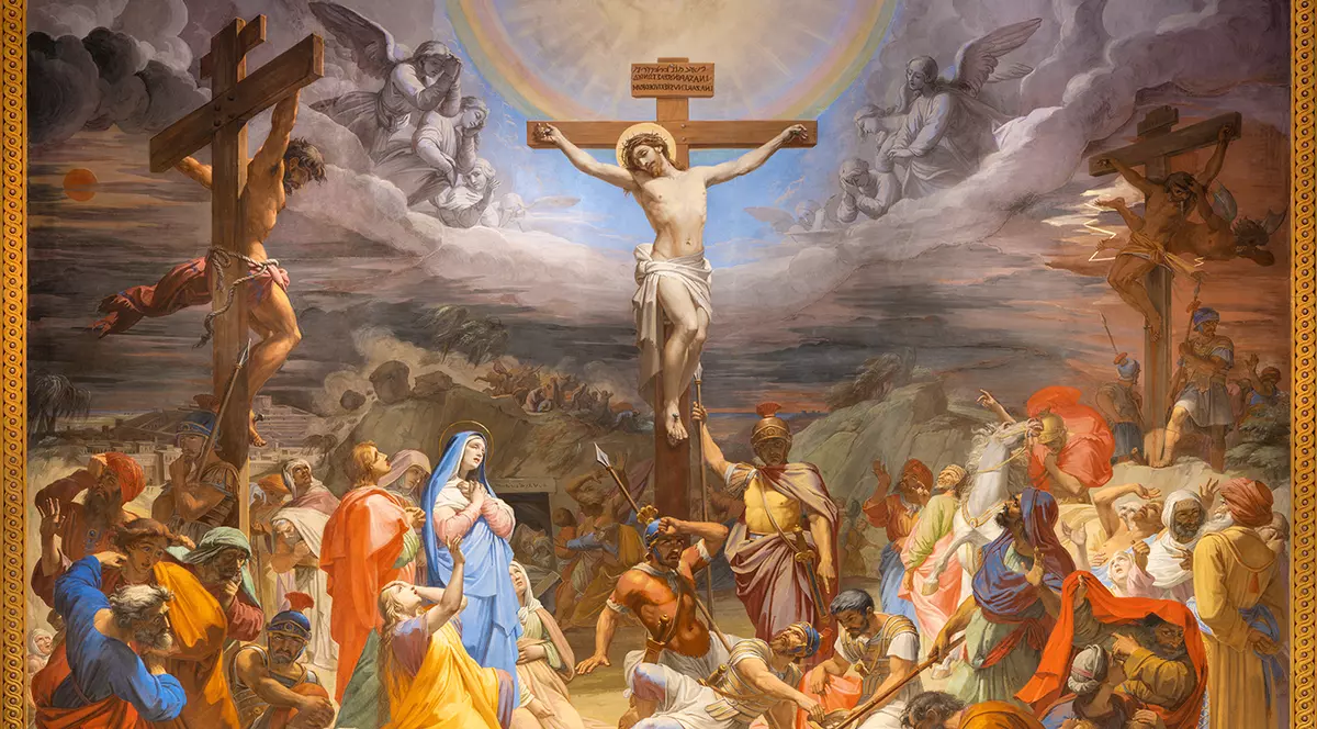 ROMA, ITALIA - 28 AUGUST 2021: Fresca Răstignirii din biserica San Girolamo dei Croati de Pietro Gagliardi (1847-1852)