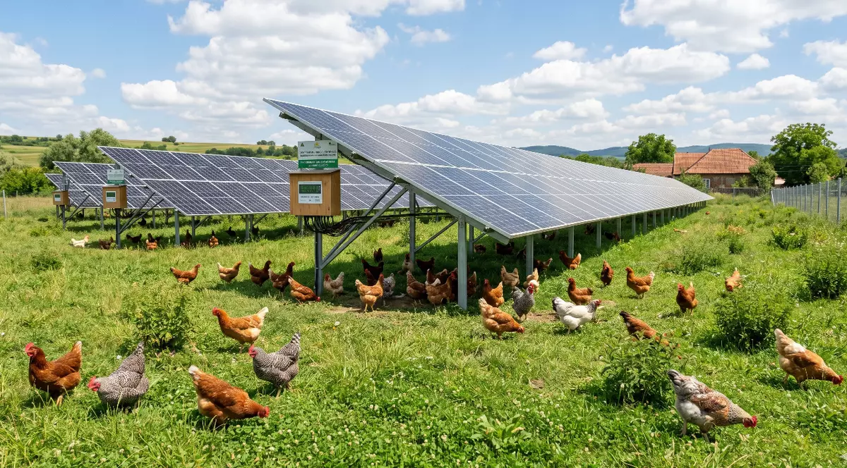 Mai multe găini ciugulesc iarba sub niște panoiuri fotovoltaice, sub un cer senin, in departare se vede o casă. Imagine generată cu ajutorul AI