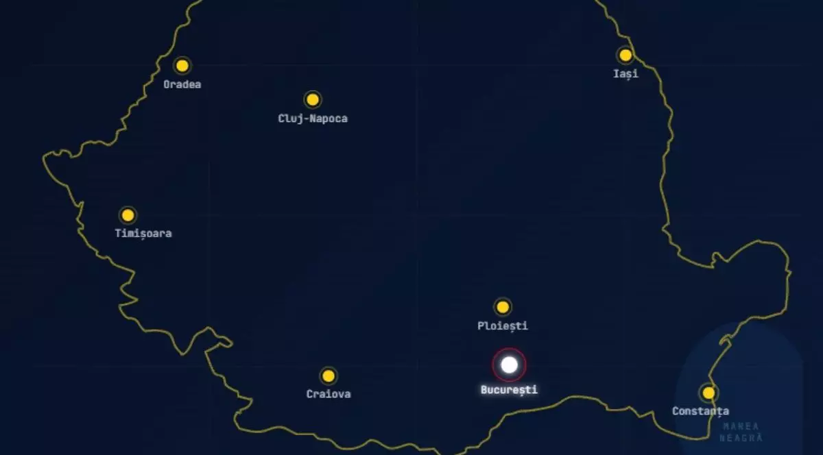 Harta României cu albastru-închis și granițele cu galben, cu câteva orașe din țară punctate cu galben