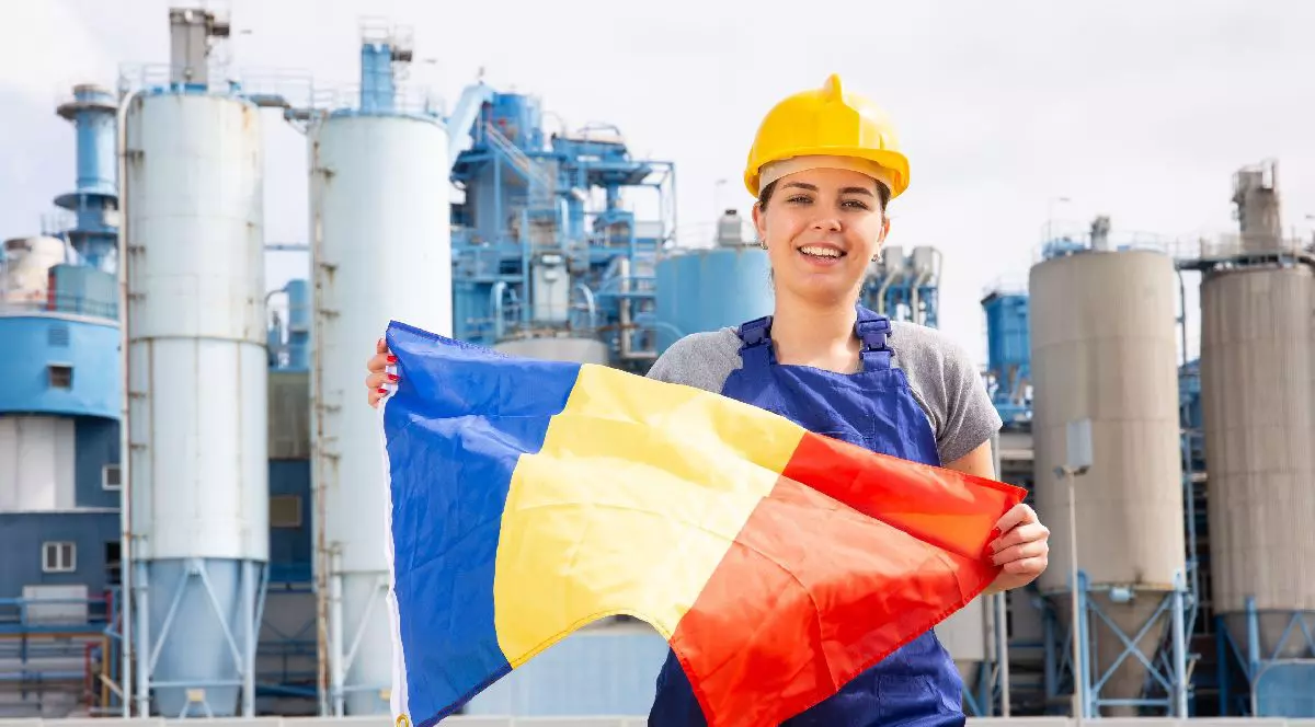 Drapelul național al României în mâinile unei fete în salopetă, pe fundalul unei uzine metalurgice moderne