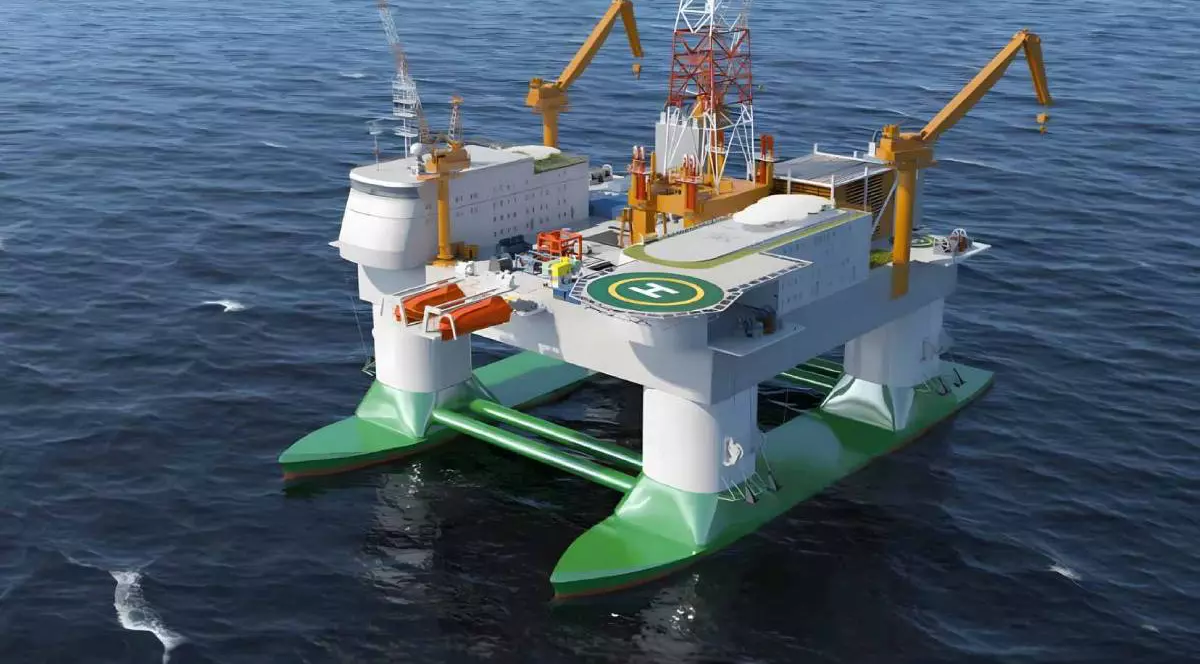 Platformă marină uriașă, cu structură pe piloni și două flotoare mari, dotată cu macarale, punte de aterizare pentru elicopter și echipamente industriale, plutind în largul oceanului.