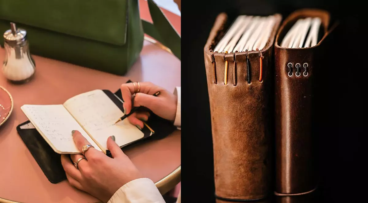 O femeie scrie într-un jurnal de piele // jurnal de piele cu elastice