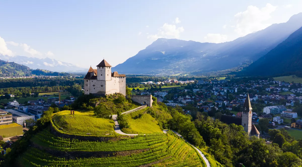 Imaginea surprinde un castel impunător așezat pe un deal verde, de unde se deschide o panoramă spectaculoasă asupra unui oraș și a unei văi montane. În fundal se ridică munții acoperiți de lumină, completând peisajul pitoresc și liniștit.