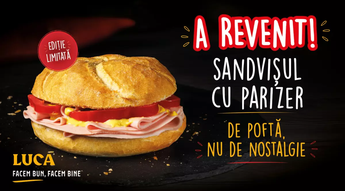 LUCA relansează sendvișul cu Parizer sub sloganul „De poftă, nu de nostalgie”. Din 28 aprilie, în ediție limitată