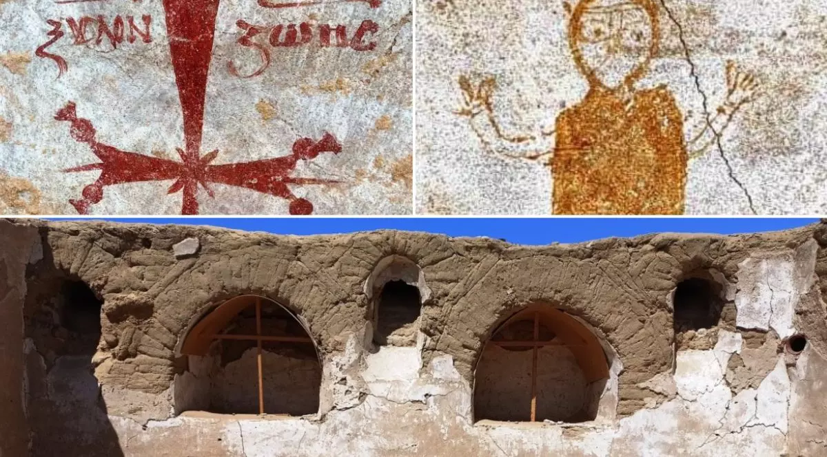 Colaj foto cu trei poze: în partea de sus două picturi murale, iar în partea de jos un perete al mănăstirii descoperite în deșertul egiptean