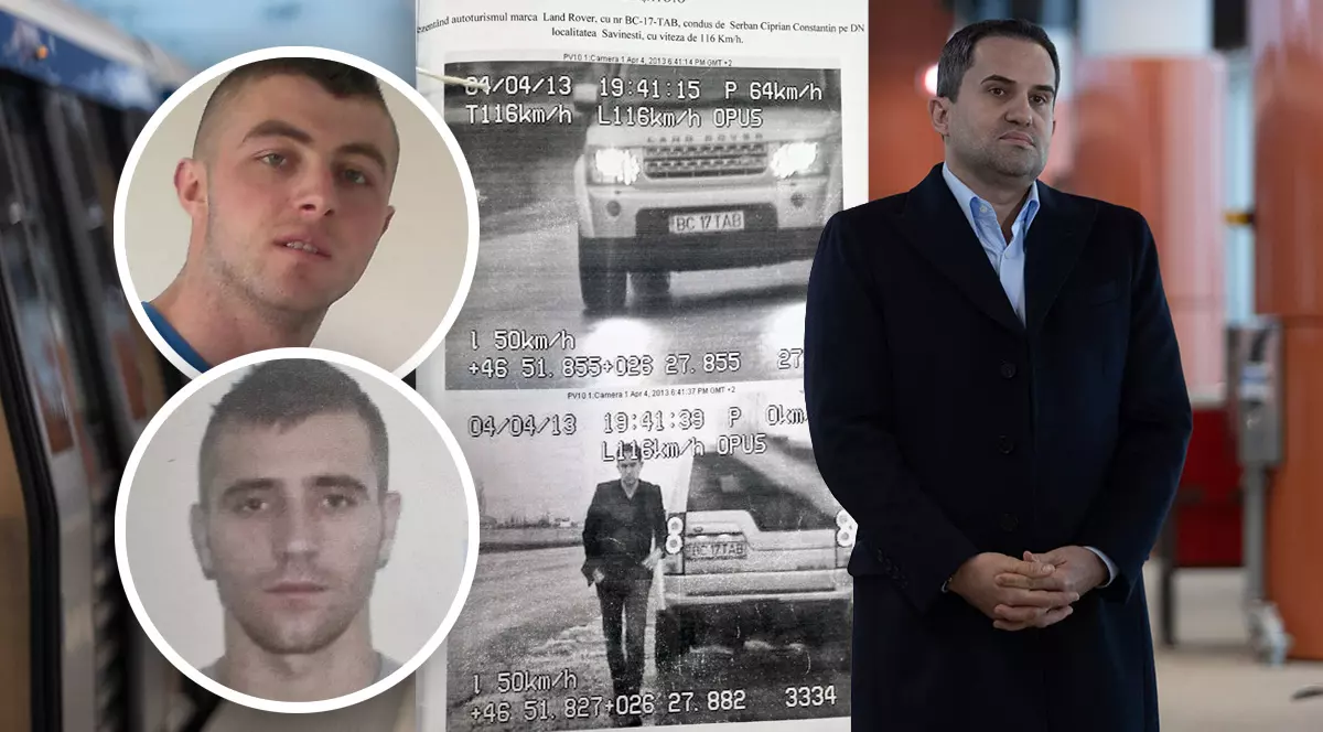 Un colaj cu un barbat imbracat in negru pe un peron de metrou, un document si doua capete de infractori