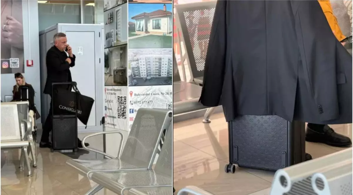 În stânga, este ministrul PSD al Agriculturii, Florin Barbu, vorbește la telefon în aeroport și are o valiză, iar în partea dreaptă este prim-plan cu valiza Louis Vuitton, acoperită sus cu un sacou