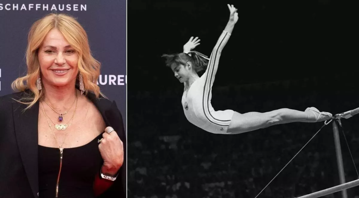 Colaj foto in stanga Nadia Comaneci la Laureus World Sports Awards Madrid 2026 In dreapta fotografie din 18 iulie 1976, Nadia Comăneci, din România, coboară de la paralele inegale în timpul unei performanțe perfecte de „10” la Jocurile Olimpice de vară de la Montreal, Canada.