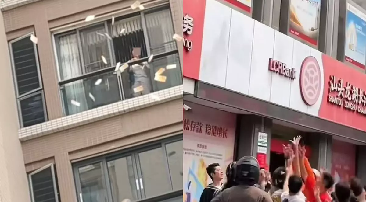 O femeie din China aruncă dolari din Hong Kong de la balcon în timp ce la parter mai mulți oameni întind mâinile pentru a prinde cât mai multe bancnote, aprilie 2026