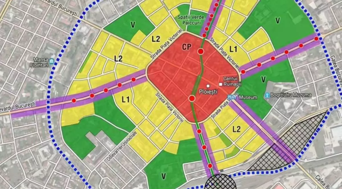 Imaginea publicată de Primăria Ploiești pentru viitorul PUG, colorata in zone rosii, galnene, versi, mov si gri, arată un oraș fictiv, cu străzi care nu există în realitate.