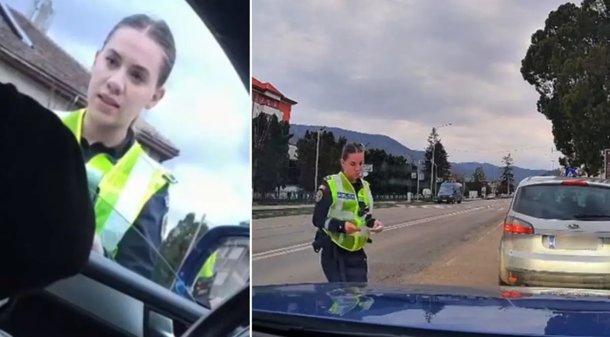 Colaj din două fotografii: în stânga, prim-plan cu polițista îmbrăcată în uniformă, lângă mașina oprită, cu geamul portierei șoferului deschis, iar în dreapta, polițista filmată din mașină când verifică numărul de înmatriculare al mașinii